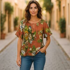 Women’s Indian Resort Cotton Boho Floral Tunic Blouse Large Tan Brown